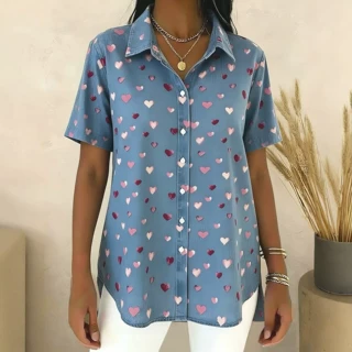 2026夏季新款爱心印花短袖衬衫女宽松韩版翻领休闲上衣女装
