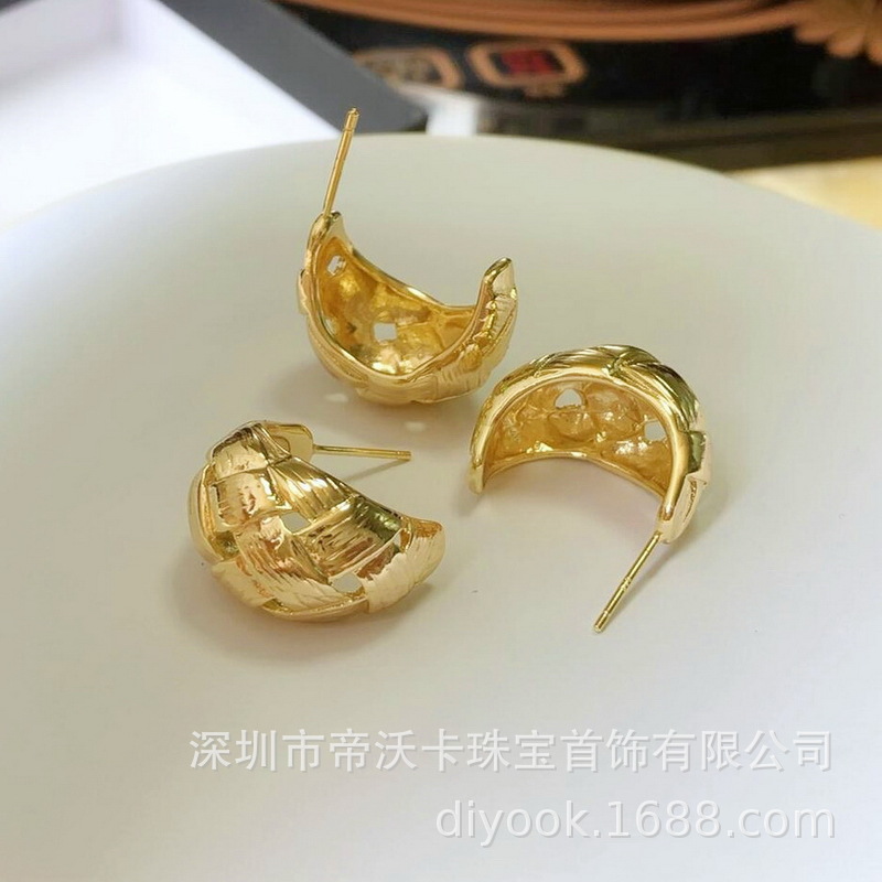 铜镀14K真金法式编织宽面C形耳钉耳圈耳环耳耳针diy镀金配件