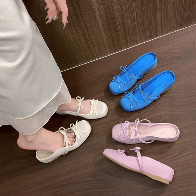 Женские плоские удобные тапочки весна-лето 2025, новая модель с бантом, в гонконгском стиле, ретро, полутапочки с закрытым носком