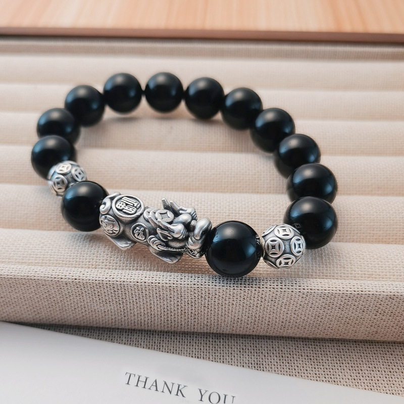 Good Luck and Wealth Silver Pixiu Bracelet for Men, Bold Retro Pure Silver Bracelet, Chinese Trend Obsidian Disc Play Gift for Boyfriend