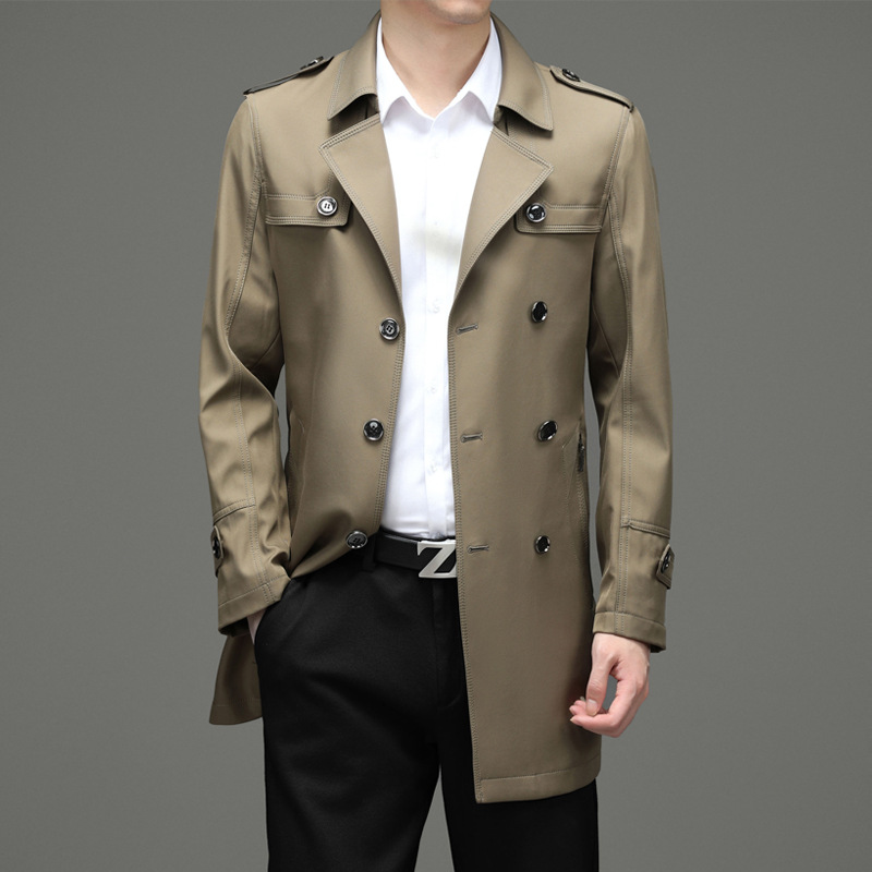 Monochrome Man- 2024 Early Business Mid-Length Double-Breasted Trench Coat Men's Suit Collar Jacket Spring Autumn Outerwear Men_voghion.com