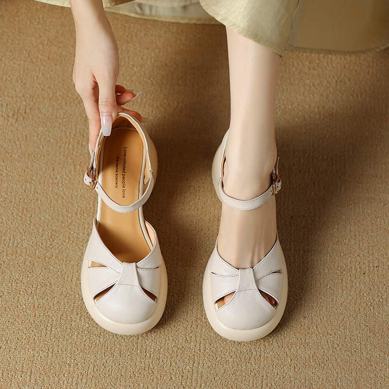 Sandal cao gót nữ quai ngang da cừu mũi nhọn đế dày — Màu be