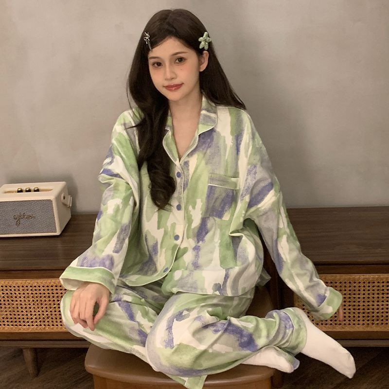 跨境批发睡衣女翻领春秋新款可爱卡通长袖长裤甜美宽松家居服套装|undefined