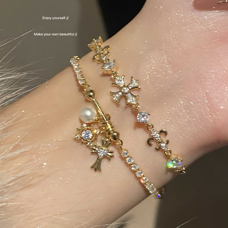 Light Luxury Zircon Imitation Pearl Snowflake Cross Adjustable Bracelet Fashionable High-End Exquisite Niche Personalized Hand Jewelry