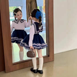 女童套装新款洋气儿童库洛米海军领长袖上衣网纱蓬蓬裙宝宝两件套