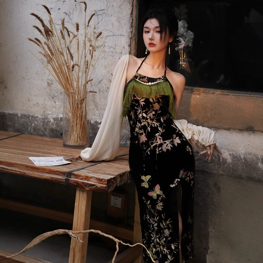 Оригинальный новый китайский стиль, национальный стиль, с принтом, кисточками, на бретельках, юбка на подтяжках, летнее улучшенное платье Cheongsam, жилет, комплект из двух предметов