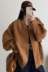 美式仿麂皮棒球服外套女秋秋季新款宽松美式复古休闲V领夹克上衣