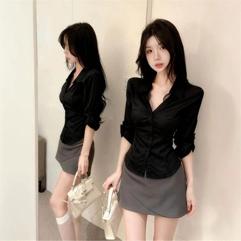Sexy Long-Sleeved Lace Patchwork White Shirt 2026 Spring Pure Desire American-Style Slim-Fit Design Stunning Outerwear Shirt