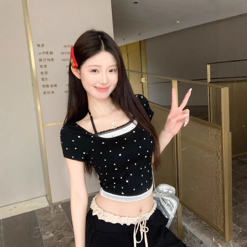 5057# Hanging Neck Fake Two-piece Short Sleeve T-shirt Women's Summer Shoulder Tight Lace Bow Short Spice Girl Top 5057# Hanging Neck Fake Two-piece Short Sleeve T-shirt Women's Summer Shoulder Tight Lace Bow Short Spice Girl Top