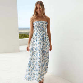 跨境外贸亚马逊独立站欧美时尚新款海边度假沙滩裙露背抹胸连衣裙