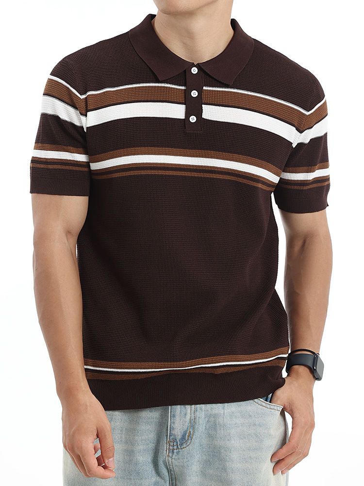 Hombres Waffle Stripe Polo Casual de negocios de alto nivel con collar de manga corta camisa de punto Paul