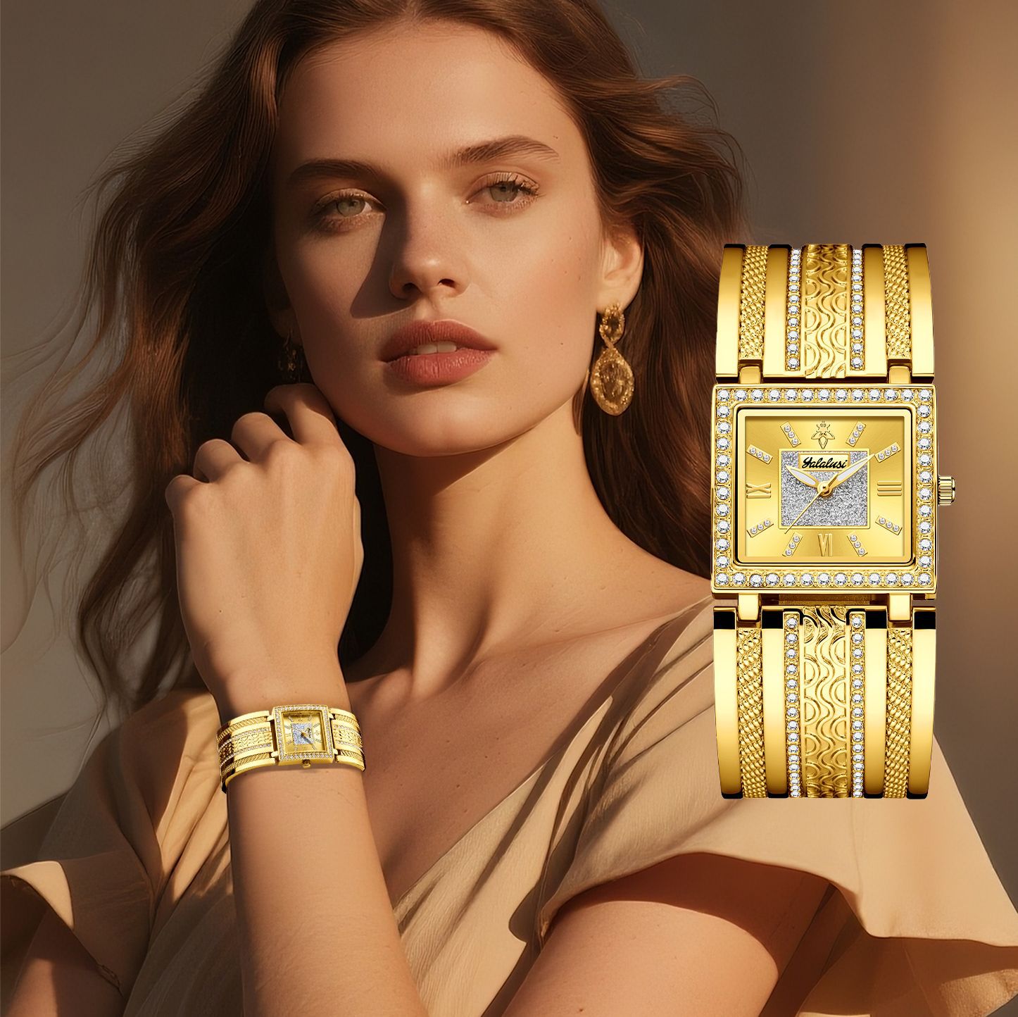 Yalalusi Luxury Gold Diamond Square Women's Watch with Diamond Strap Gold Watch Accessible Luxury Export Wholesale Popular Women's Watch