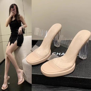 2024 Summer Export Large Size Transparent Crystal High Heels Women's New Rhinestone Outer Wear Sandals European and American Pu Popular