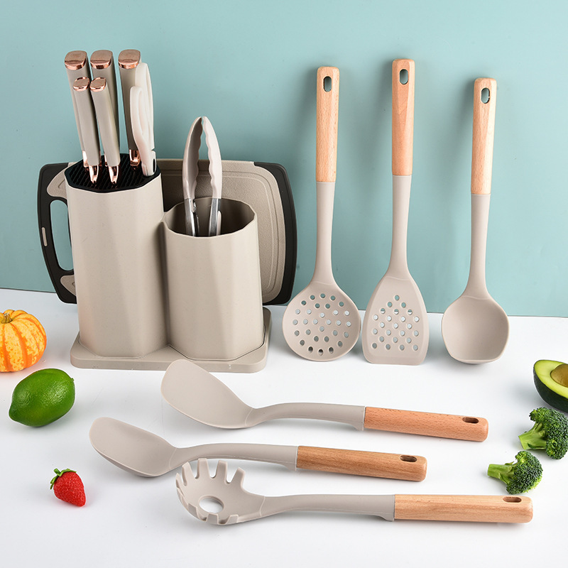 Cuerpos de cocina de silicona de mango de madera 15 piezas de cocina antiadherente cocina de cocina de barril de almacenamiento 15 piezas de cocina de silicona