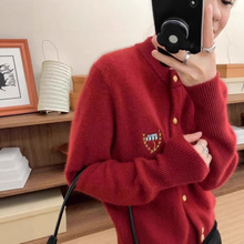 100%纯羊毛开衫女秋冬新款圆领刺绣短款针织毛衣外套宽松休闲上衣