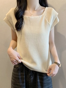 Plus Size Summer Fashion Square Neck Flutter Sleeve Ice Silk T-Shirt for Women, Flattering and Slimming, Regular Shoulder Short Sleeve Knit Top