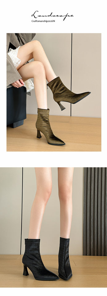 Bốt nữ mũi nhọn họa tiết vân cá sấu, gót cao 6–8 cm, phom ôm chân, khóa kéo sau — xanh lá cây, đen chi tiết 8