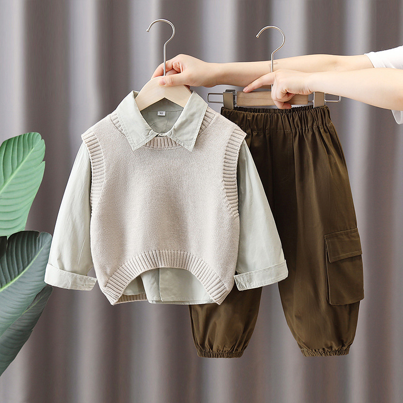 6209 Traje de otoño para niños 2025 Nueva camisa de manga larga de primavera y otoño para niños Baby Net Chaleco rojo de tres piezas