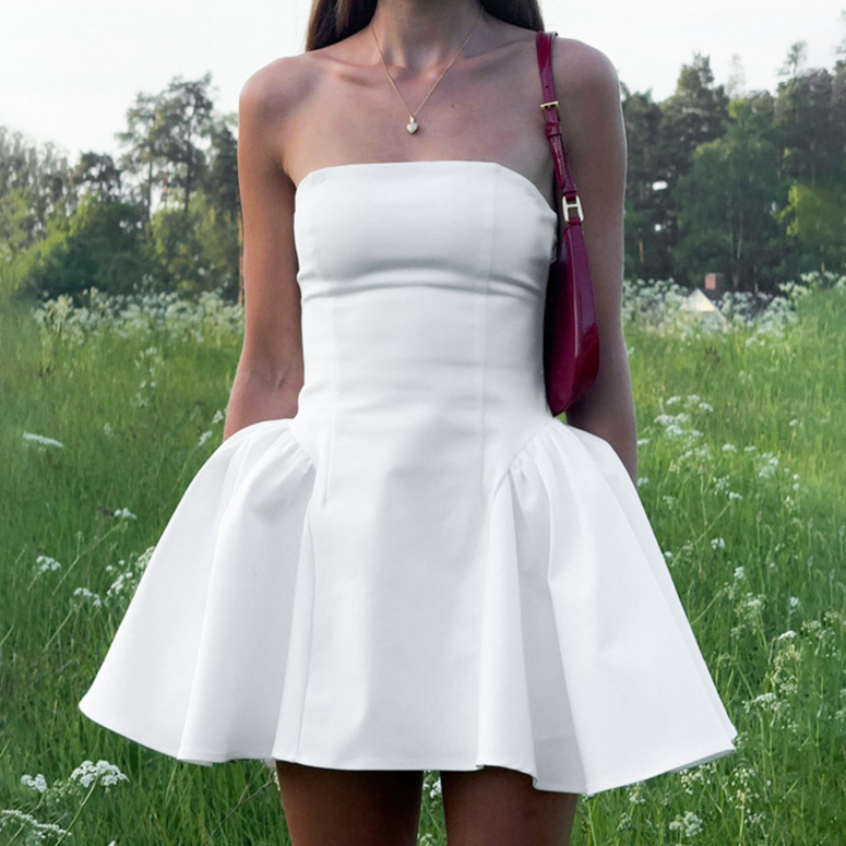 Transfronterizo Amazon Europa y América ropa de mujer al por mayor temperamento de color sólido pechos de cintura corto delgado vestido grande para mujeres image 5