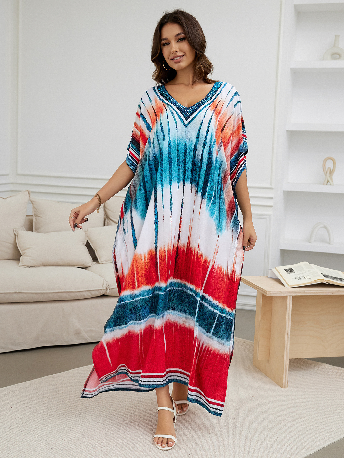 Rochie de plajă lungă kimono dama boho viscoză tie-dye_voghion.com