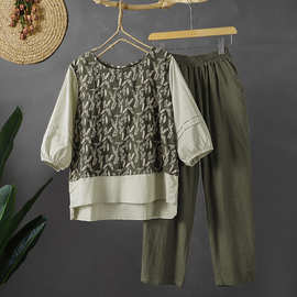 棉麻套装女2025年夏季新款印花拼接假两件上衣哈伦裤显瘦两件套
