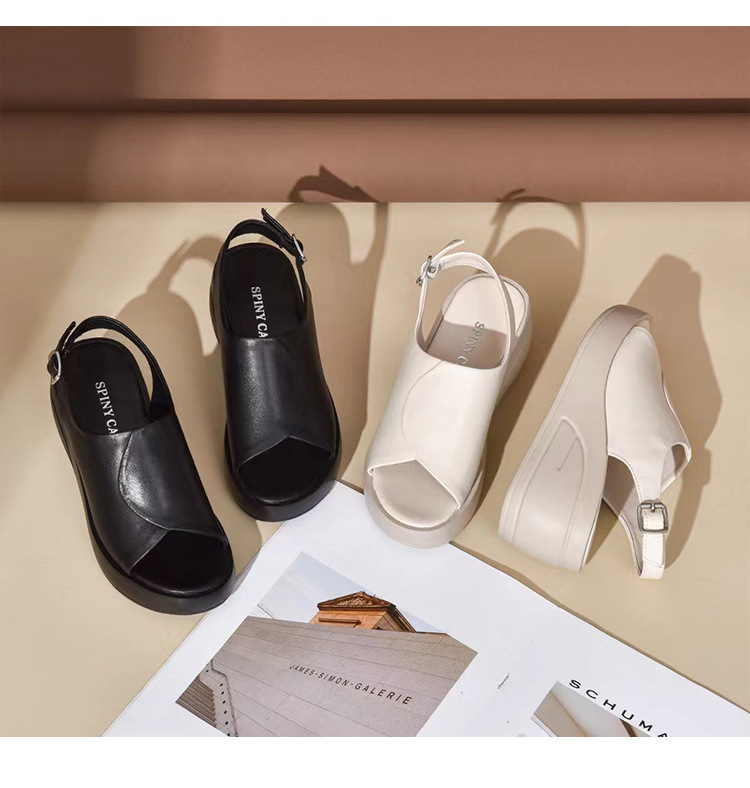 Giày sandal cao gót nữ mũi hở kiểu miệng cá, đế dày platform, da thật có khóa — Màu đen chi tiết 7