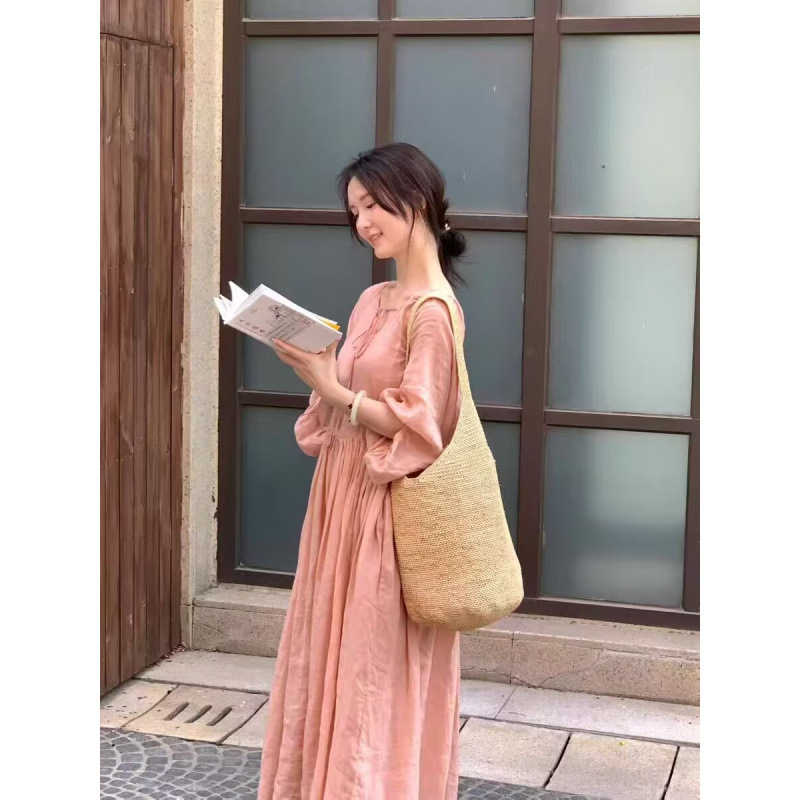 Early Autumn New Pink Pure Ramie Solid Color Plus Size V-Neck Tie Dress Loose Women's Dress Zen Meditation