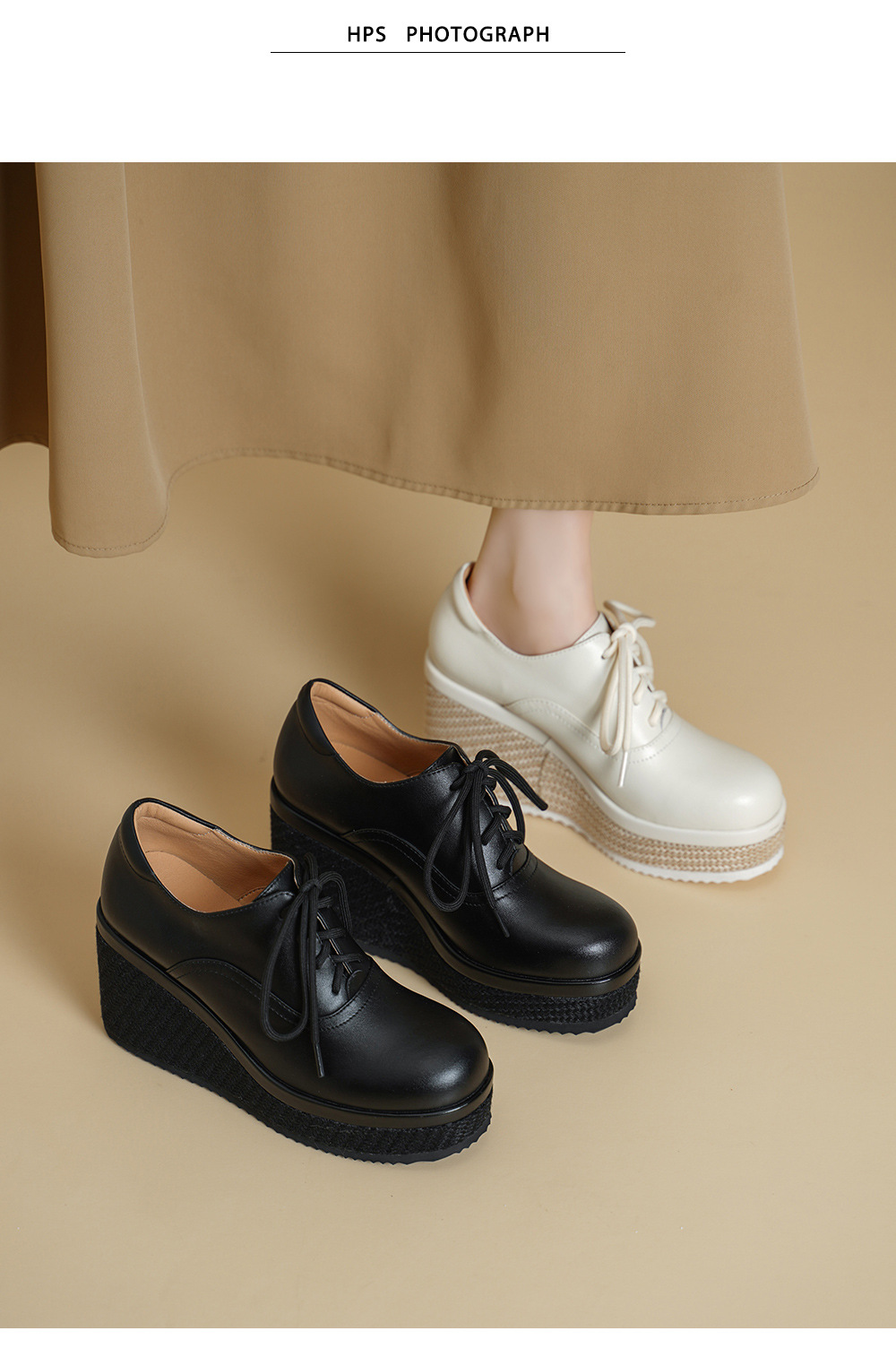 Giày loafer nữ đế xuồng platform da thật buộc dây, gót cao 9 cm — màu đen, màu trắng ngà chi tiết 2