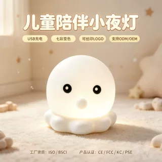 工厂跨境外贸定制创意儿童礼物七彩章鱼硅胶小夜灯拍拍灯可印logo