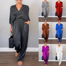 2025夏季新款欧美跨境女装独立站外贸纯色缎面短袖上衣裤子套装女