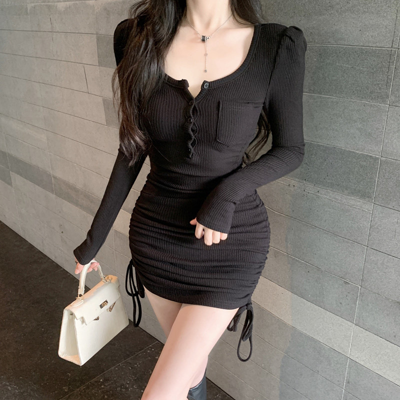 (2개) 드로우 스트링 V 넥 버블 슬리브 원피스 여성용 가을과 겨울 순수한 욕망 스파이스 소녀 섹시한 힙합 스커트베이스 엄마 스커트