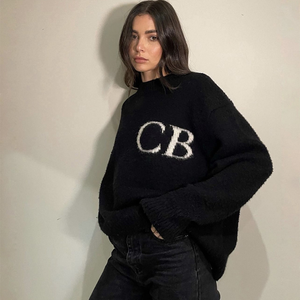小众潮牌CB字母提花圆领毛衣高街宽松男女宽松休闲情侣针织衫潮