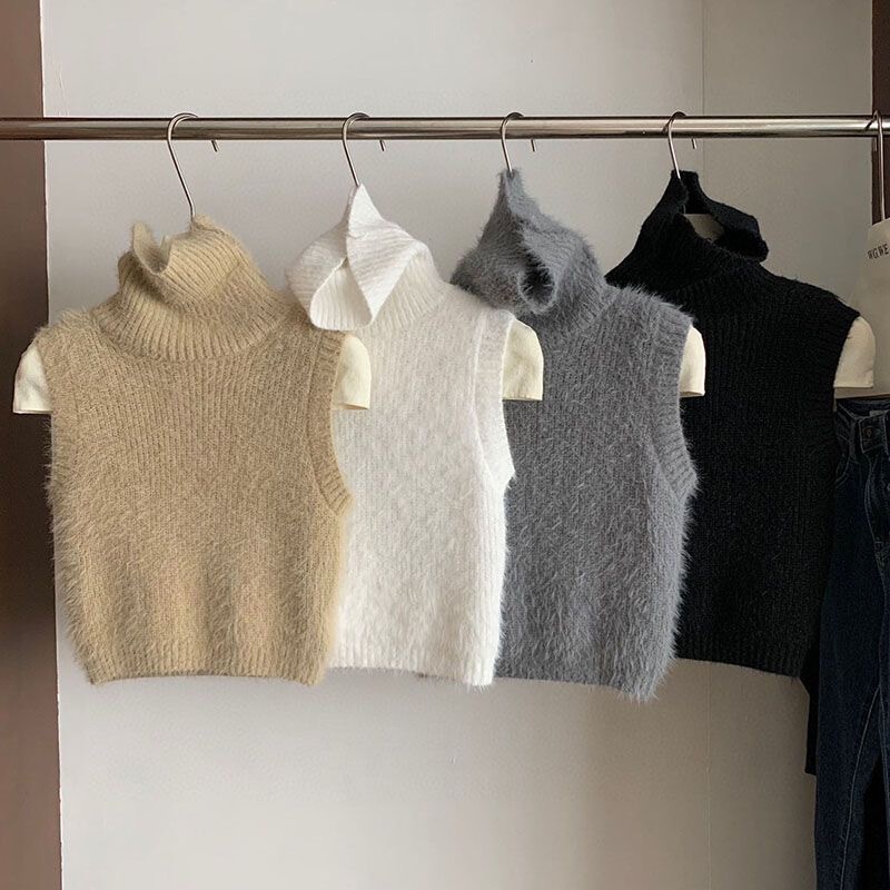 Foreign-style socialite temperament fluffy turtleneck sleeveless sweater inside sweater vest women's slim base shirt top