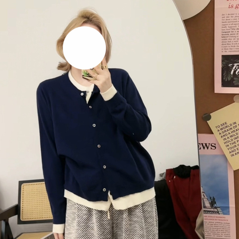 이른 가을 새로운 라운드 넥 대비 컬러 탑 플러스 사이즈 여성용 가짜 투피스 긴팔 니트 스웨터 크로스토크 컬러 소프트 왁스 카디건 여성