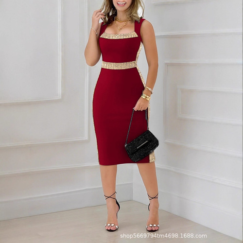European and American Fashion Summer Cute Style Fresh & Sweet Women's Beaded Patchwork Dress