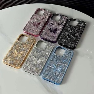 Suitable for iphone16 Luxury Fashion Full Diamond Three-dimensional Butterfly Golden silver Rhinestone Mobile Phone Case Protective Case