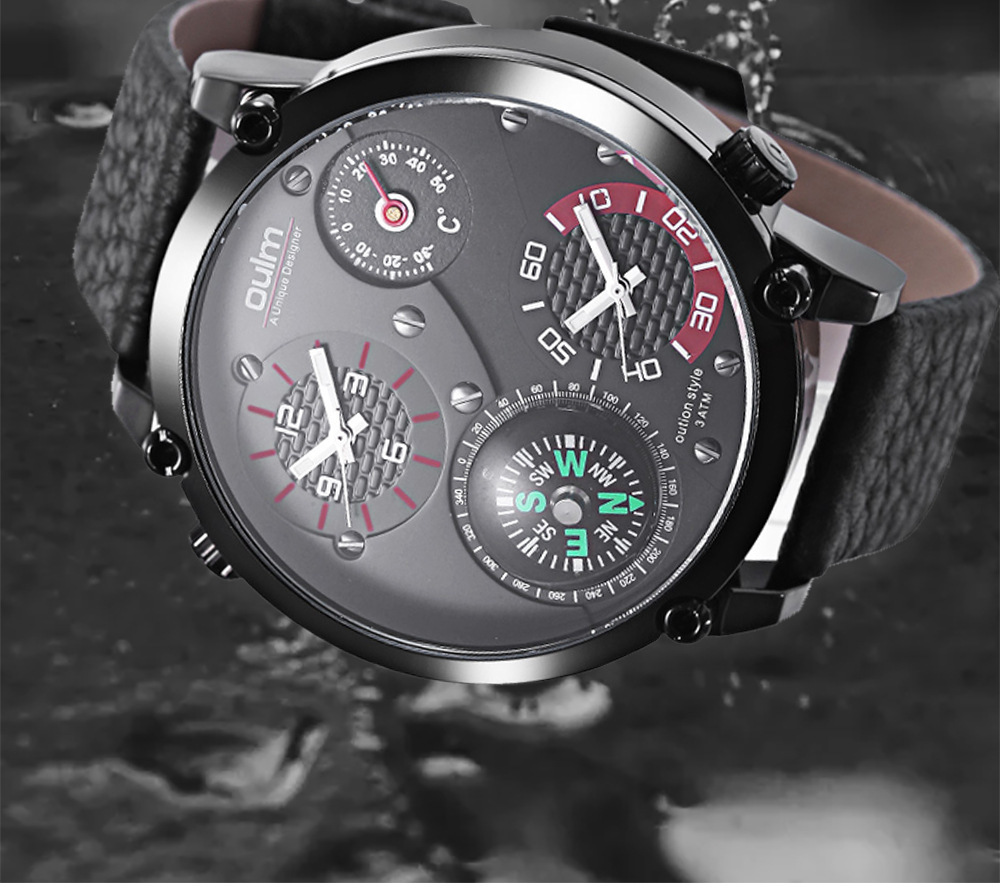 Men's Large Dual-time Watch With Genuine Leather And Compass_voghion.com