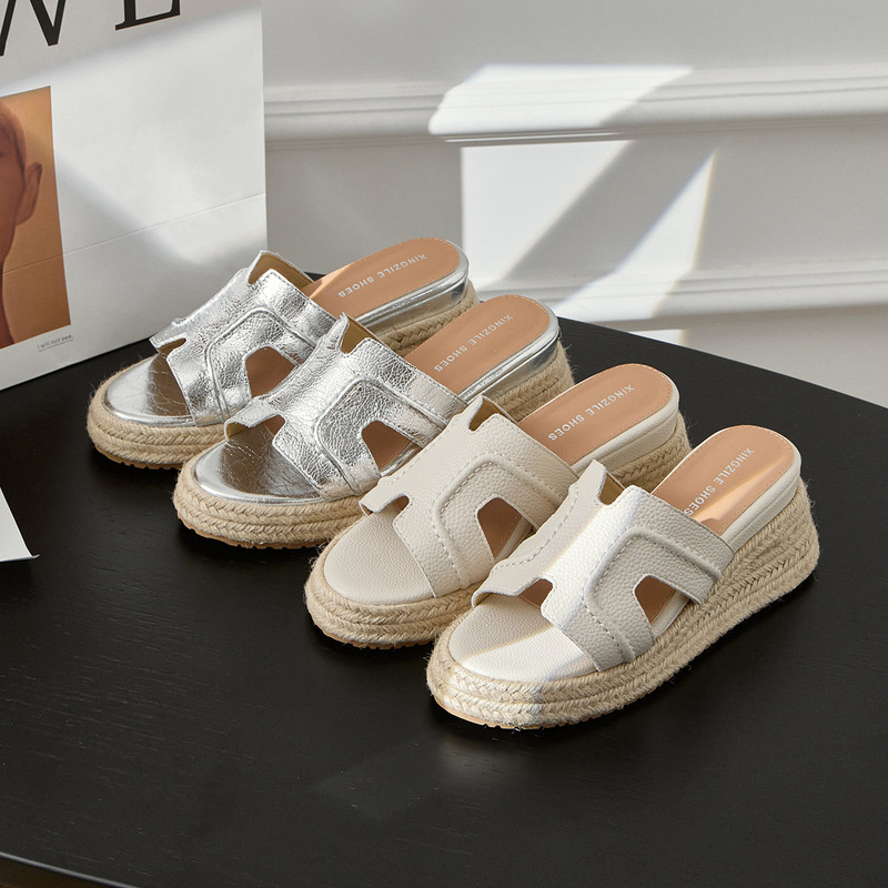 Zhao Lusi's Same Style Genuine Leather One-Line Sandals for Women 2025 Summer Outer Wear Straw Platform Shoes Thick-Soled High-Heeled Sandals