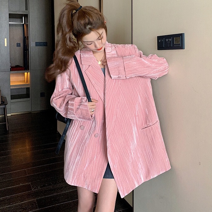Pink Velvet Blazer for Women 2024 Spring and Autumn New Korean Style Loose Casual Trendy Small Suit