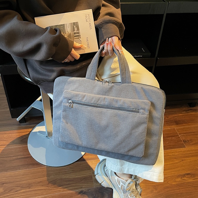 ng2510227 Bolsa feminina de veludo cotelê de 14 polegadas, modelo maleta simples e elegante para uso diário, ideal para notebooks e laptops._voghion.com