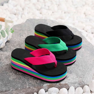 Slippers Women Flip-Flops Women's Summer Rainbow Thick-soled Sandals High-heeled Internet-famous Colorful Outwear Women's Shoes Casual Beach