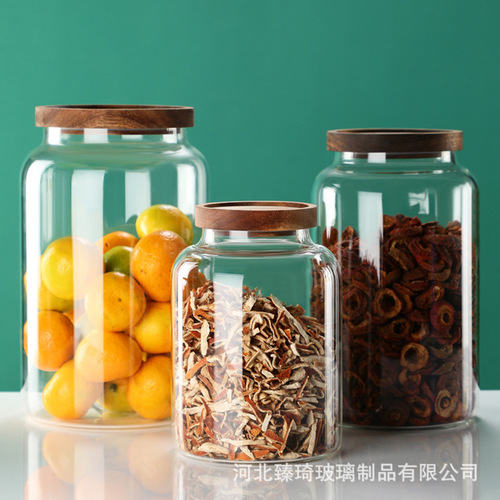 Large-Capacity Acacia Wood High-Borosilicate Glass Airtight Storage Jar for Grains, Tea, and Citrus Peel