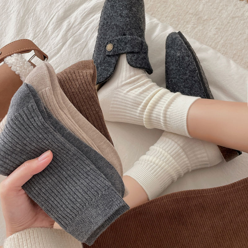 Autumn and Winter Solid Color Pinstriped Daily Commuter Warm Wool Socks Japanese Style Ins Style Skin Patch Soft Nou Pile Socks Women's Socks