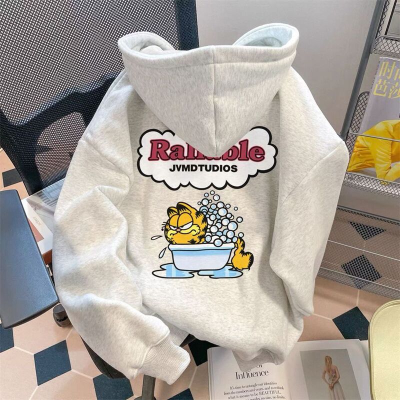 Silver Fox Fur Cartoon Garfield Print Hooded Sweatshirt Couple Style Casual Autumn and Winter Ins Loose Jacket for Men and Women