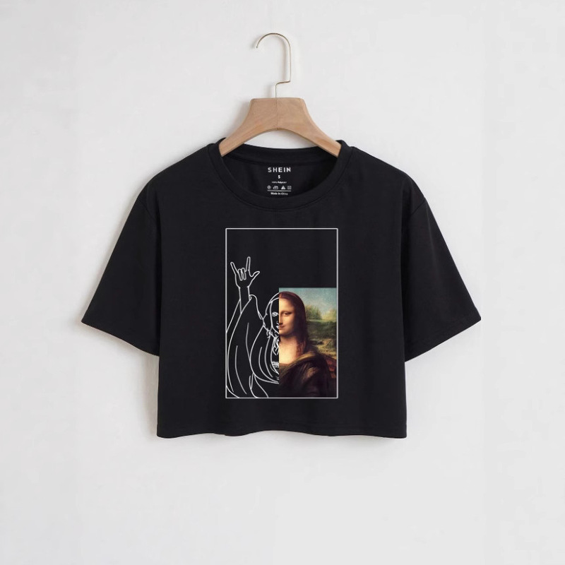 Shein American Retro Summer Ultra-Short T-Shirt Lawless Mona Lisa Printed Navel-Baring T100% Cotton