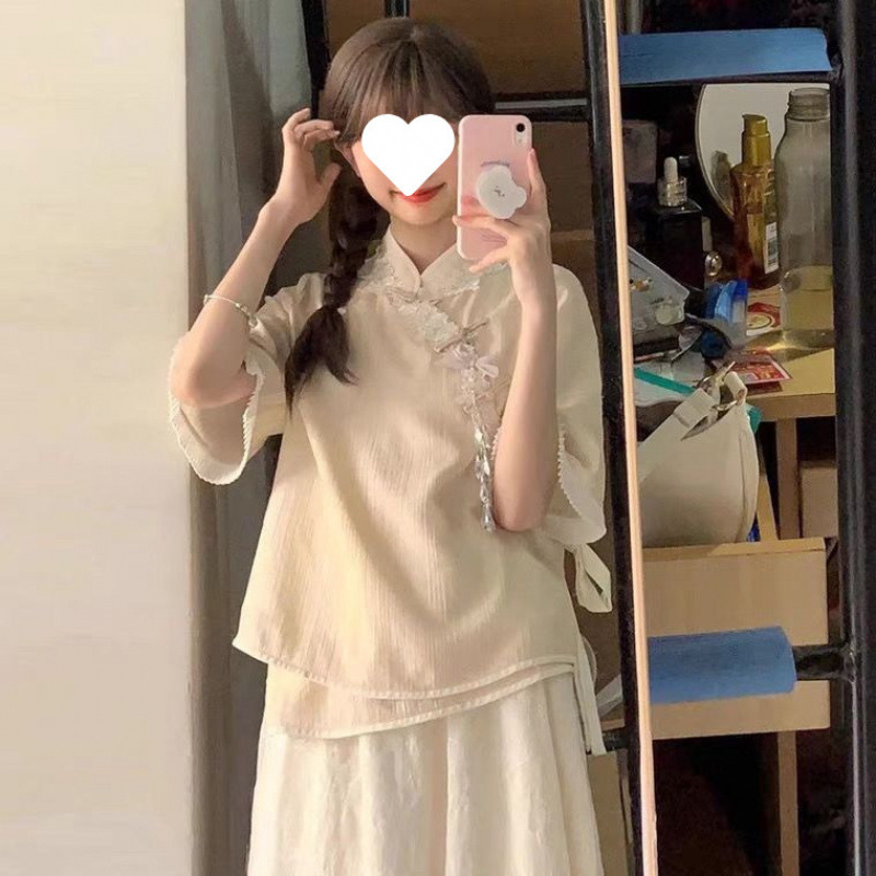 新しい中国風のトップスとスカートのツーピーススーツ夏改良された漢服漢要素の優しいドレス|undefined