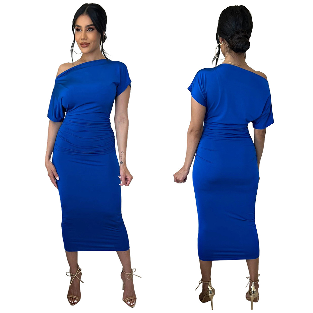 Women Clothing Popular Solid Color Pleated Slim-Fit Oblique Shoulder Dress 15 Women Clothing Popular Solid Color Pleated Slim-Fit Oblique Shoulder Dress