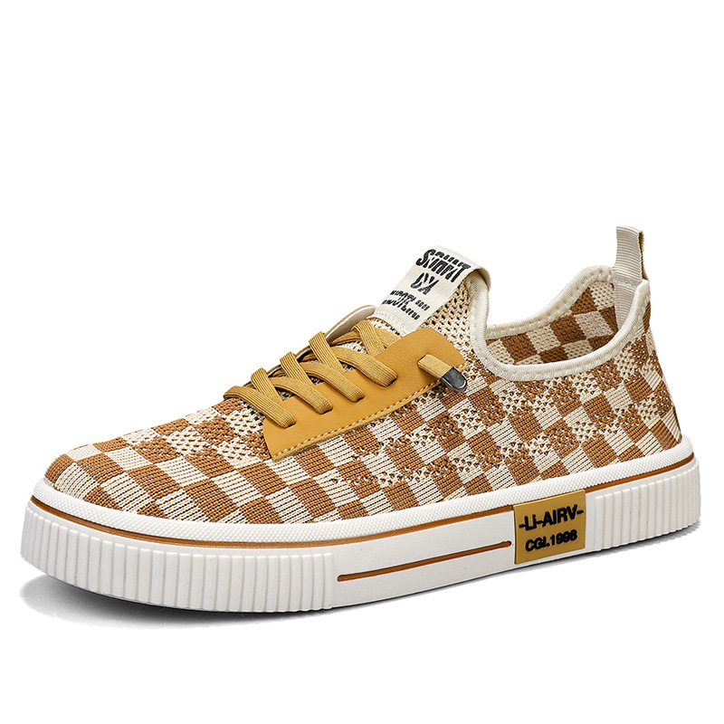 Zapatillas transpirables tejidas voladoras deportivas de verano de diseño, ligeras, de ojos grandes, zapatos de música en vivo para hombre a cuadros al aire libre