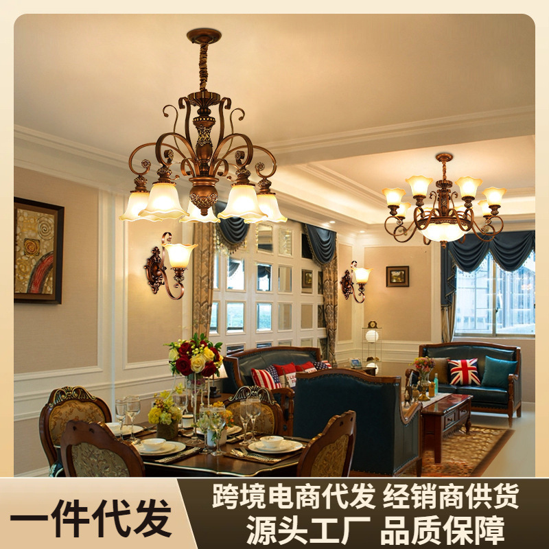 American-Style Chandelier for Living Room Main Lighting, Wrought Iron Country Villa Lobby Duplex Staircase Dining Room Lighting, Vintage Style American-Style Chandelier for Living Room Main Lighting, Wrought Iron Country Villa Lobby Duplex Staircase Dining Room Lighting, Vintage Style