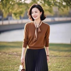 咖色系带蝴蝶结修身针织衫女夏季2025新款欧货高级感内搭长袖上衣